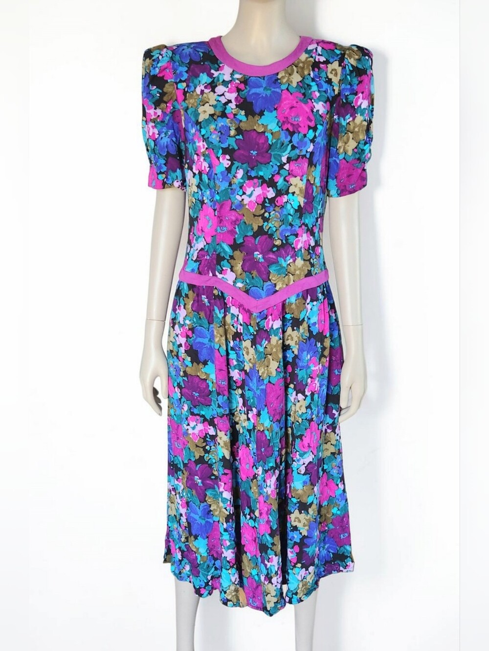 Vintage 80s Positive Attitude Drop Waist Colorful Floral Puff Sleeve Midi Dress